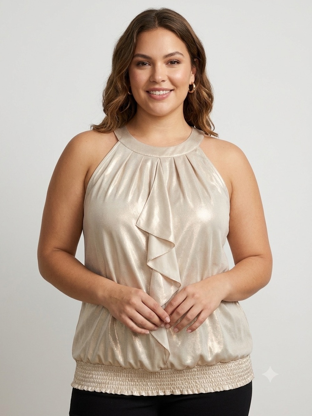 WORTHINGTON Beige Sheen Sleeveless Ruffle  Halter Top